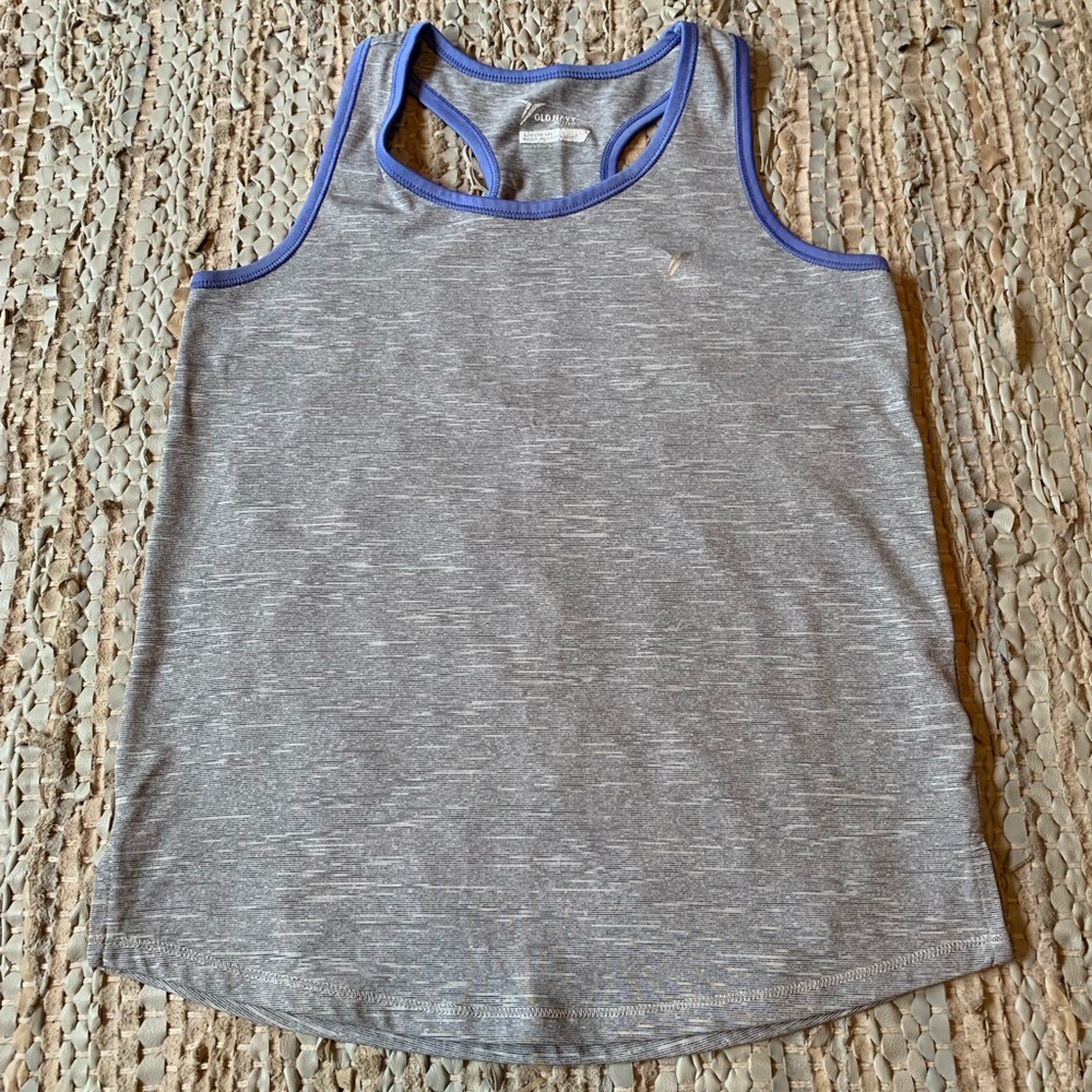 Sporty gray and purple tank top.